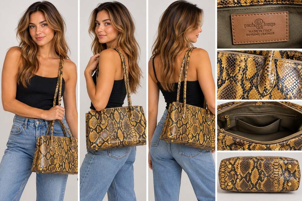 Paula Del Lungo Genuine Leather Snake Print Shoulder Tote Bag Made Italy